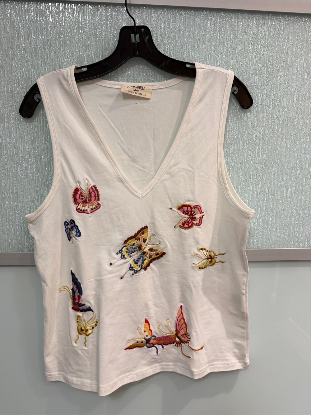 Embroidered Butterfly V-Neck Tank Top - Cream